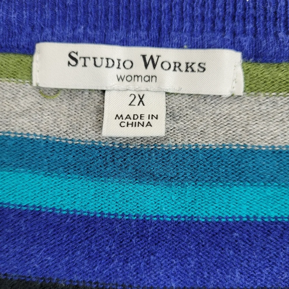 Studio Works Blue Olive Gray Striped V-Neck Light Sweater Nautical Preppy 2X - Picture 2 of 11